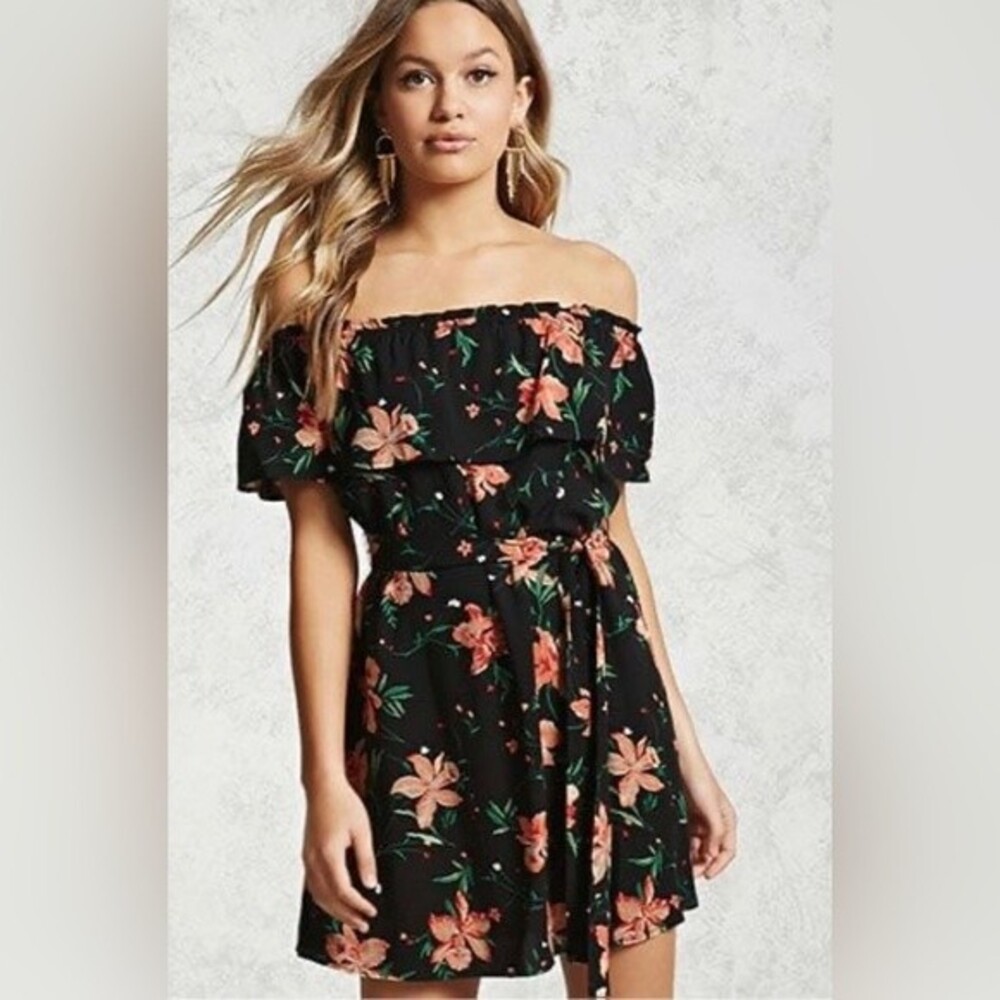 Off shoulder black and orange tropical print dress size small